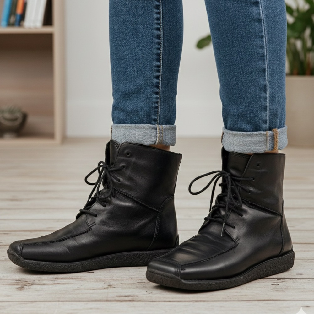 VTG Denver Hayes Black Leather Warm Lined Square Toe Flate Booties Size 8